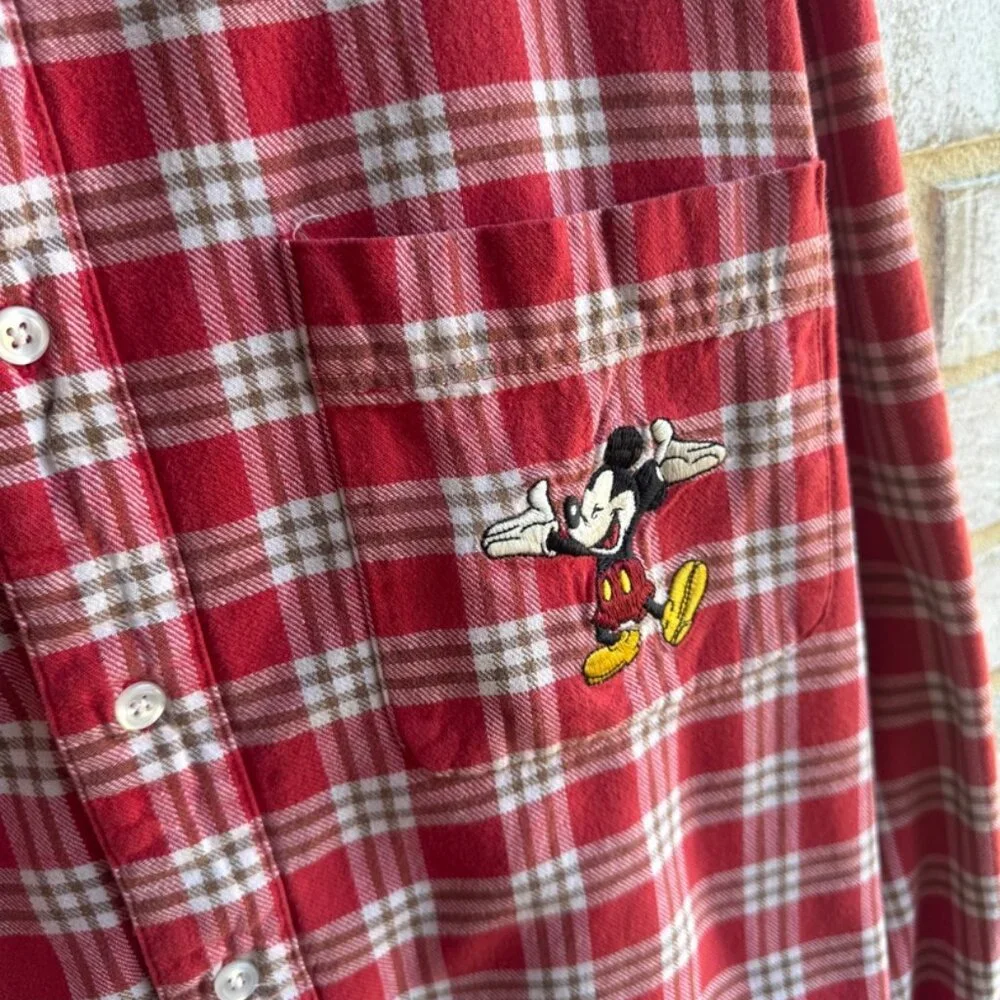 The Disney Store Embroidered Mickey Check Flannel Button Up Shirt Mens Size XL